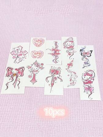  Sanrio 5/10 PCS Cartoon Hello Kitty Tattoo Stickers, Colorful And Cute Temporary Tattoo Stickers, Waterproof, Long-Lasting And High-End Flower Arm Tattoo Stickers, Suitable For Arms, Thighs And Body,Halloween Decoration, Rave Accessories