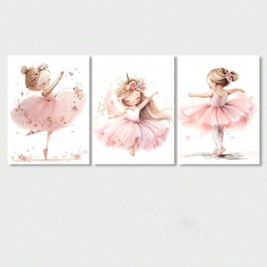 3pcs/Set Charming Ballerina Canvas Painting Pink Tutu Girl Unicorn Graceful Pose Posters For Nursery Or Ballet Studio Decor Wall Arts Optional Frame
