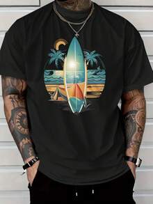 Men's Cotton Casual T-Shirt, Men's Tropical Surf Graphic T-Shirt - Beach Vacation Tee With Palm Trees And Surfboard Design - 黑色 - 查看 1