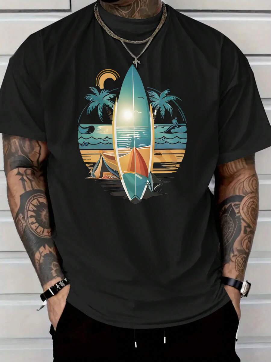 Men's Cotton Casual T-Shirt, Men's Tropical Surf Graphic T-Shirt - Beach Vacation Tee With Palm Trees And Surfboard Design - 黑色 - 查看 1