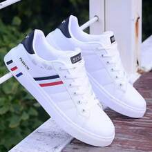 Men Stripe Design Lace-Up Skate Shoes - Wear-Resistant PU Leather Uppers, Breathable Fabric Inner, Cloth Insole, Non-Slip PVC Sole, Round Toe Cap, Perfect For Outdoor Casual Wear In Fall, Spring, Summer, Winter
