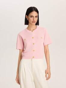 Short Sleeve Minimalist Fashion Knitted Cardigan - Pink - View 6