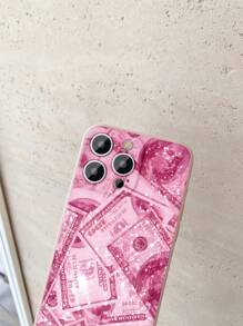 1pc Banknote Pattern Pink Edge Matte Lens Protection Anti-Fall Phone Case Compatible With Samsung//Redmi/VIVO/OPPO