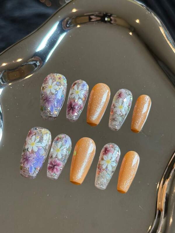 10pcs Set Hand-Made Floral Long-Lasting Nail Sticker, Elegant, Minimalist, Removable Artificial False Nails Suitable For Travel, Gathering, Party, Festivals