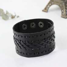 1pc Vintage Braided Wide Leather Adjustable Bracelet, Suitable For Men's Daily Wear