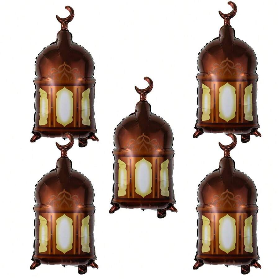 5 sztuk Eid Mubarak Zestaw Balonów Foliowych Aluminiowych - Kształt Księżyca I Latarni Morskiej, Odpowiedni Do Dekoracji Islamskiego Nowego Roku Eid Al-Adha