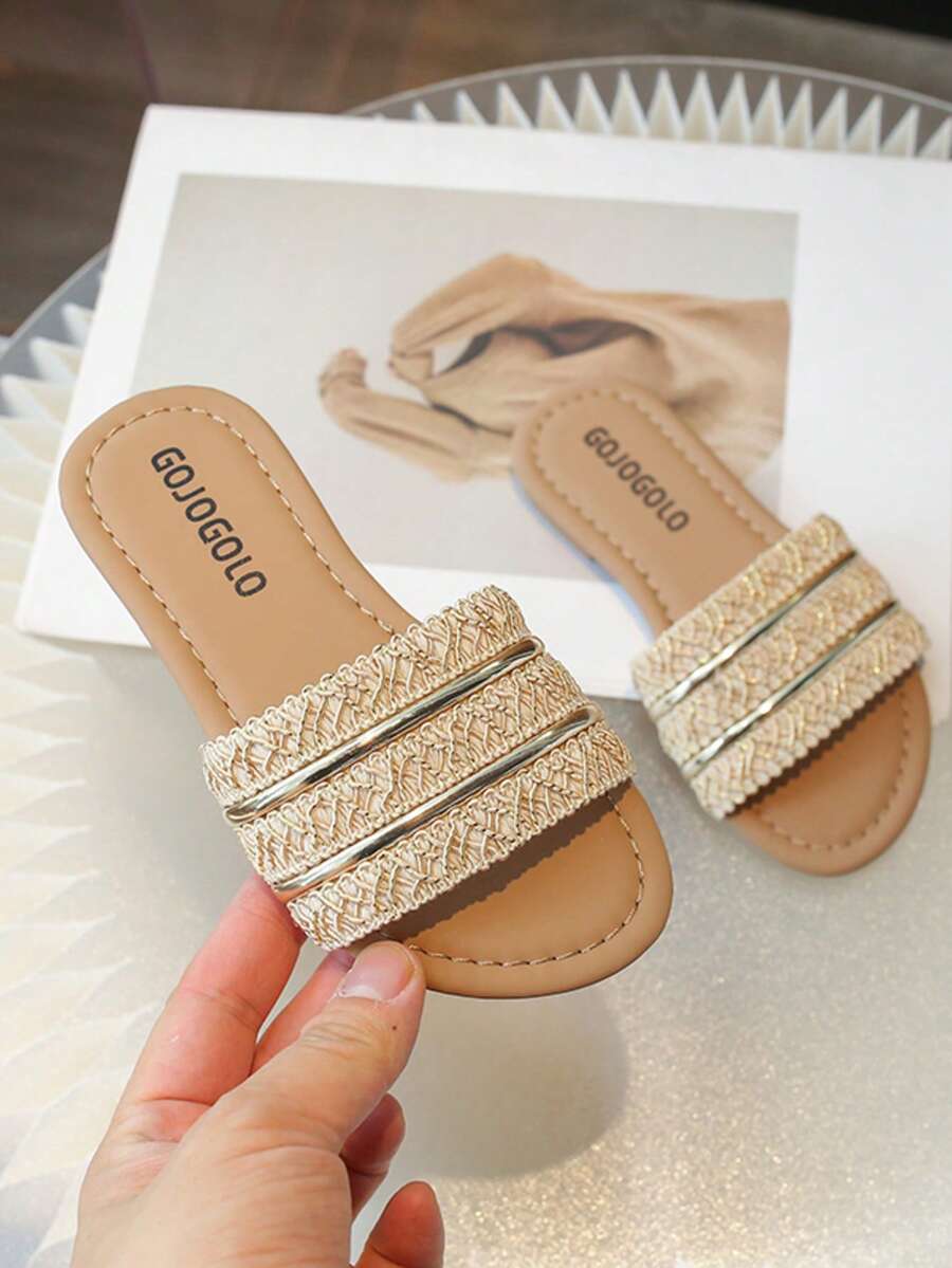 女童韩版时尚户外拖鞋夏季新款女孩小香风露趾直筒拖户外沙滩凉拖 - 米色 - 查看 1