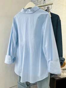 Casual Solid Color Loose Long Sleeve Shirt Spring - Blue - View 2