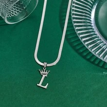 不锈钢 26 字母天使幸运皇冠吊坠 4 毫米刀片项链扁平蛇链珠宝女王公主字母吊坠，节日高端礼物 - 銀色 - 查看 19