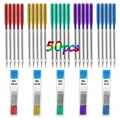 50 piezas Agujas universales para máquina de coser de punta regular, tamaños 65/9, 75/11, 90/14, 100/16, 110/18, 5 colores