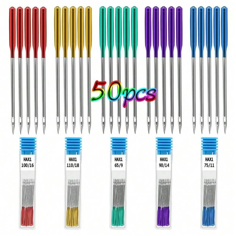 50 piezas Agujas universales para máquina de coser de punta regular, tamaños 65/9, 75/11, 90/14, 100/16, 110/18, 5 colores - Multicolor - Ver 1