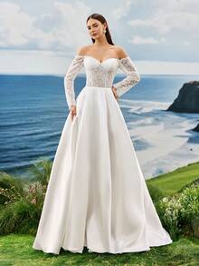 Vestido de novia de línea A de manga larga con hombros descubiertos y encaje blanco, elegante vestido de novia - Blanco - Ver 5