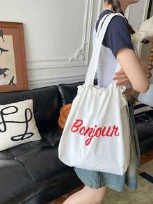 Korean Style New Arrival Letter Print Casual Drawstring Closure Fashion Student Shoulder Bag - Grey - View 9