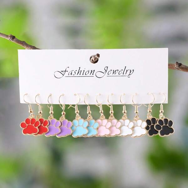 6pcs/Set Dog Paw Print & Bone Shape Alloy Earrings Set, Animal Pet Themed Jewelry Gift For Cat & Dog Lovers