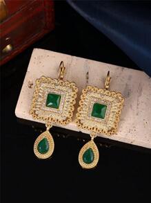 1 Pair Morocco Square Carved Dangle Earrings With Water Drop Pendant, Handmade French Hook Design, Women's Birthday Party Jewelry Gift