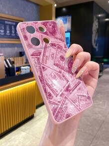 1pc Banknote Pattern Pink Edge Matte Lens Protection Anti-Fall Phone Case Compatible With Samsung//Redmi/VIVO/OPPO