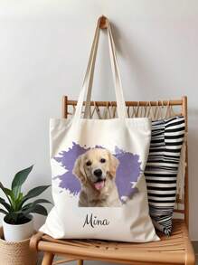 1pc Custom Pet Photo And Name Canvas Tote Bag - Personalized Pet Portrait Bag - Dog Bag For Women - Dog Mom Bag .This Personalized Tote Bag Is Light And Thin. After You've Finished Using It