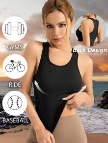 1 pieza Parte superior deportiva de yoga con soporte interno, de color sólido, con parte trasera bonita, de primavera y verano, para uso diario, con alta elasticidad, suave y transpirable, adecuada para correr, fitness, ciclismo y entrenamiento