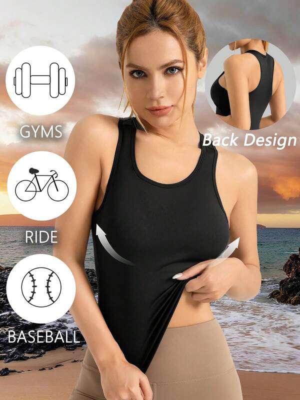 1 pieza Parte superior deportiva de yoga con soporte interno, de color sólido, con parte trasera bonita, de primavera y verano, para uso diario, con alta elasticidad, suave y transpirable, adecuada para correr, fitness, ciclismo y entrenamiento