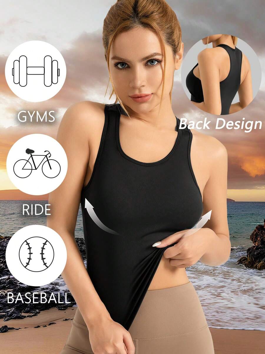1 pieza Parte superior deportiva de yoga con soporte interno, de color sólido, con parte trasera bonita, de primavera y verano, para uso diario, con alta elasticidad, suave y transpirable, adecuada para correr, fitness, ciclismo y entrenamiento