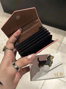 [Customized]Personalized Custom Letter Name Cartoon Dachshund Lychee Pattern Envelope Card Pack Faux Leather Card Storage Bag, Personalized Multi-Card Position, Ultra-Thin And Compact Women's Bag Card Holder - Multicolor - View 3