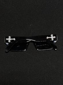 POLASUP 1pc Men/Women Rhinestone Cross Decor Polycarbonate Anti-Explosion Lens Fashion Glasses, Sports Casual Street Retro Flat Top Copper Hinge Non-Plastic Hinge UV Protection Sunglasses (Comes With Glasses Strap And Cleaning Cloth)