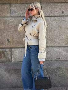 女式短款双排扣风衣 - 卡其色缺口领长袖外套，腰带系带，街头风格春秋休闲外套