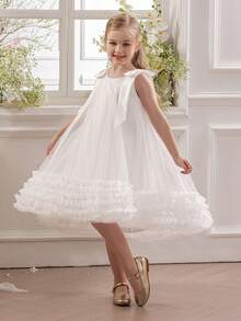 Young Girl Elegant Bow Ruffled Tulle Princess Dress, Cake Skirt Design Suitable For Birthday Party, Casual Outing, Stage Performance, Holiday Celebration - White - View 5