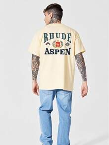 (220g Pure Cotton T-Shirt) 1Pcs Of Men's Casual Crew Neck Short Sleeved T-Shirt With Elegant And Luxurious "RHUDE ASPEN"  - Themed Design Double Sided Digital Print - 杏色 - 查看 3