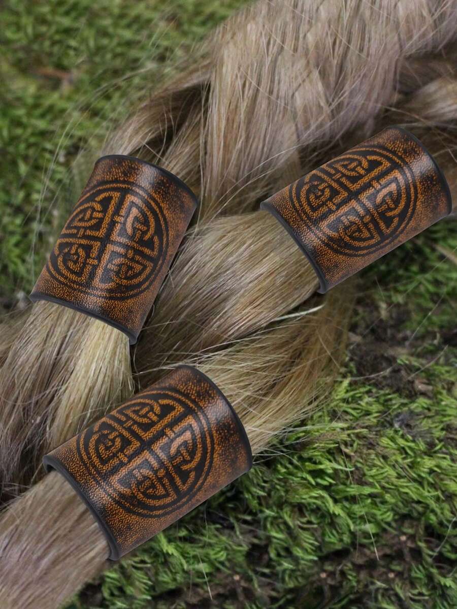 3PCS Celtic Beastie PU Leather Viking Hair/Beard Bead Medieval Cosplay Props - Coffee - View 1