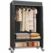 Local Shipping-Wardrobe Closet With Wheels, Portable Closet For Hanging Clothes, Closet Organizer Storage, Black Rack With Grey Cover,H4 Plus Rolling Clothes Rack With Cover, Heavy Duty Garment Rack, - Black Rack With Black Cover - View 1