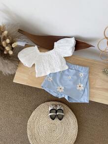 2pcs/Set Newborn Baby Girl White Princess Super Short Puff Sleeve T-Shirt + Floral Embroidery Shorts, Summer