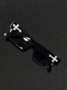 POLASUP 1pc Men/Women Rhinestone Cross Decor Polycarbonate Anti-Explosion Lens Fashion Glasses, Sports Casual Street Retro Flat Top Copper Hinge Non-Plastic Hinge UV Protection Sunglasses (Comes With Glasses Strap And Cleaning Cloth)