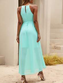 Vestido midi floral liso para mujer, elegante vestido con encaje en contraste y apliques en bloques de colores florales. - Azul - Ver 2