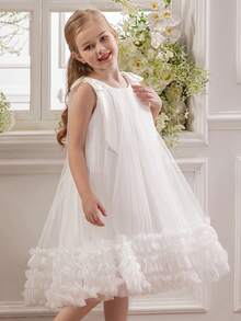 Young Girl Elegant Bow Ruffled Tulle Princess Dress, Cake Skirt Design Suitable For Birthday Party, Casual Outing, Stage Performance, Holiday Celebration - White - View 10