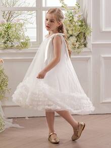 Young Girl Elegant Bow Ruffled Tulle Princess Dress, Cake Skirt Design Suitable For Birthday Party, Casual Outing, Stage Performance, Holiday Celebration - White - View 7