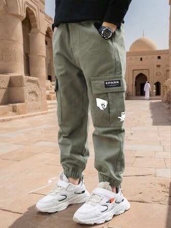 1pc Tween Boy Casual Outdoor Pocket Cartoon Print Cargo Pants, Spring/Summer/Autumn
