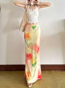 Falda ajustada de cintura alta con estampado, estilo streetwear de color liso