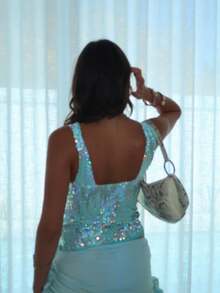 Women's Summer Stylish Slim-Fit Sequin V-Neck Sleeveless Backless Wide-Strap Tank Top, Perfect For Parties And Vacations - 綠色 - 查看 4