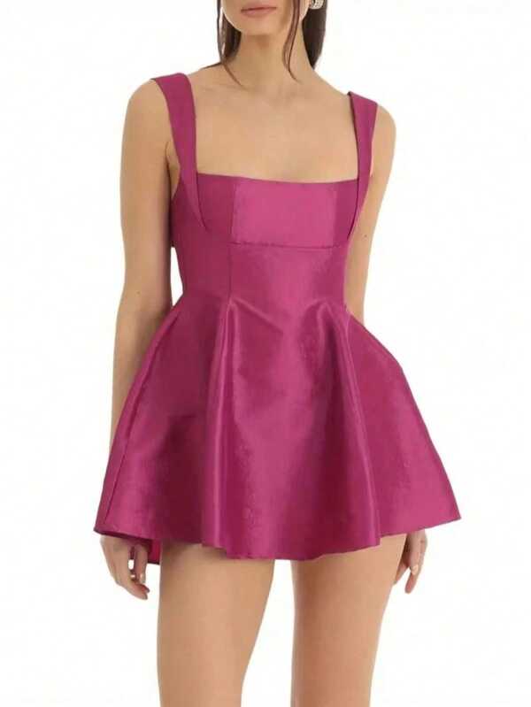 1pc Plain Fabric Open-Back Zip Dress, For Evening Date, Birthday Party, Singles' Party, Summer