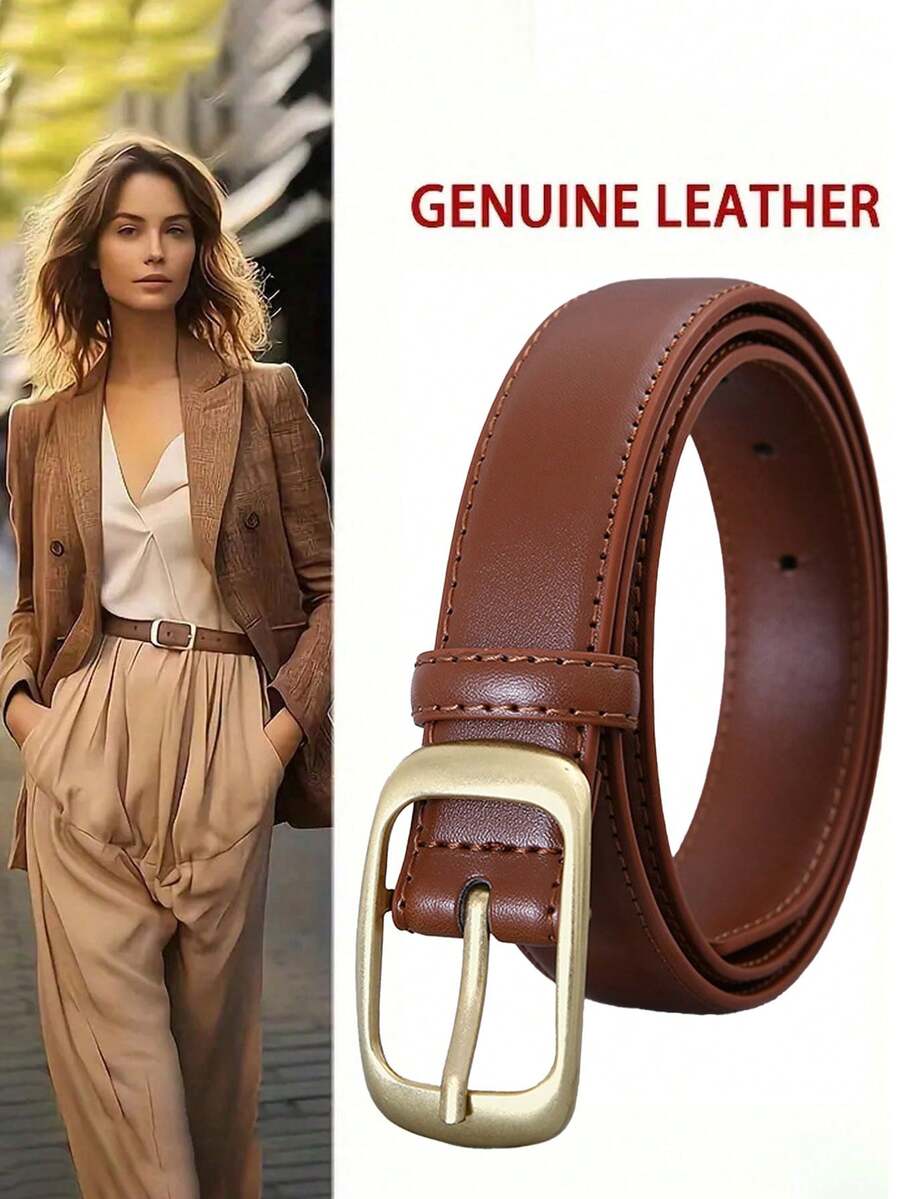 2pcs/1pc Ladies' Gold Buckle Leather Belt, Solid Color Belt, Minimalist Style Denim Belt Summer, School Fall, Autumn, Halloween - Multicolor - View 1