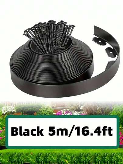 5米黑色PE花园边缘套件，含15个坚固钉子 - 易于安装，无需挖掘，5厘米高景观边缘围栏，适用于DIY园艺、花坛、小径和草坪分隔，花园边缘套件 | 易于安装的边缘 | 塑料花园边界，花园边缘用品
