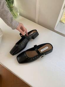 French Square Toe Slip-On Mules - Black - View 1