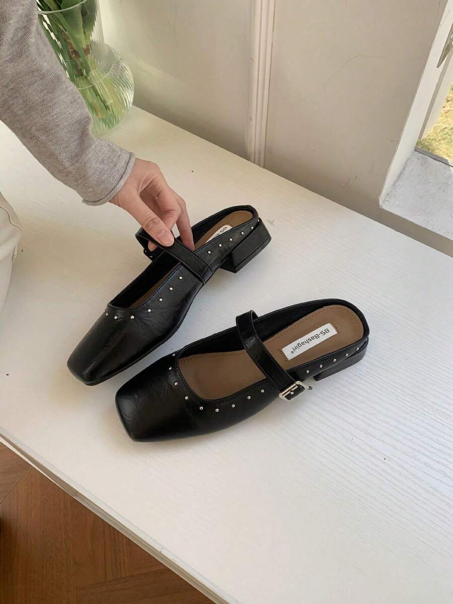 French Square Toe Slip-On Mules - Black - View 1