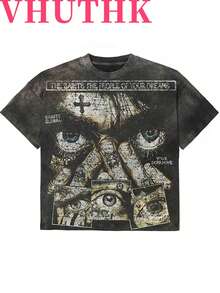VHUTHK Double Sided Printing (220 Pure Cotton T-Shirt) 'WDRLD' Letter And Portrait Printing For Men's Summer Round Neck Short Sleeved Casual Pure Cotton Printing - 黑色 - 查看 2