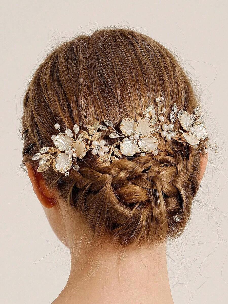 1pc Women's Designer Elegant Double Comb Hair Decoration Headband, Private Collection Style Two-Tone Leaf Garden Bridal Hair Accessories, Wedding Hair Comb Tiaras Valentine's Day Accessories - Gold - View 1