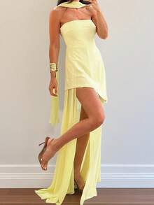 Women High Split Strapless Dress Solid Off Shoulder Sleeveless Open Back Long Tube Top Dress With Scarf - 黃色 - 查看 3