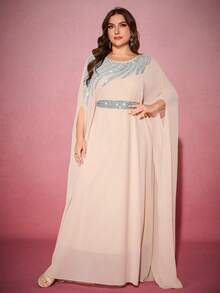 Plus Size Women's Solid Color Sequins Decor With Belt Round Neck Elegant Maxi Arabic Abaya - Apricot - View 6
