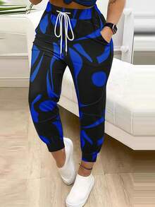 Celana Jogger Kasual Wanita dengan Tali Serut - Biru - View 2