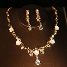 Premium 3 PiecesBridal Crown Headpiece Set With Chain, Baroque Style Large Crown, Necklace & Earrings, Shiny Vintage Zinc Alloy